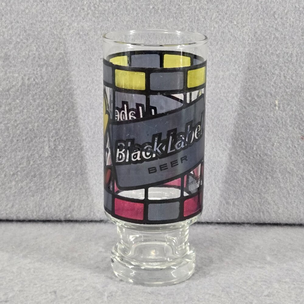 Vintage Black Label Beer Glass, Stained Glass Design, By Carling, 6.5" Tall